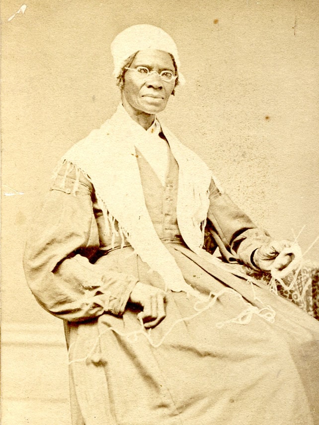 A portrait of Sojourner Truth: an older African-American woman in bonnet