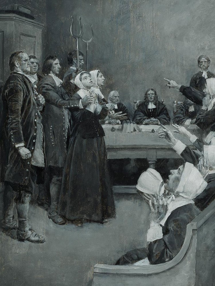 A black and white painting of a witch trial