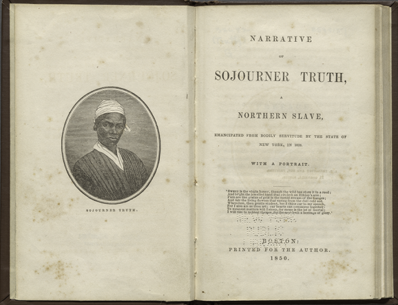 Title page of the Narrative of Sojourner Truth. On the inside of the cover, there is a small sketch portrait of Sojourner Truth framed by an oval.