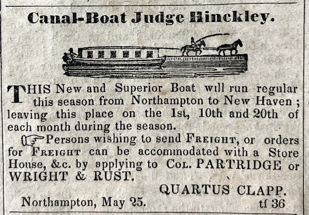 A newspaper snippet advertising 'Canal Boat Judge Hinkley' available for taking freight along the New Haven to Northampton Canal.