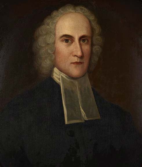 Oil painting of a man with a high forehead, curly gray hair or wig, and a square neck tie and collar.