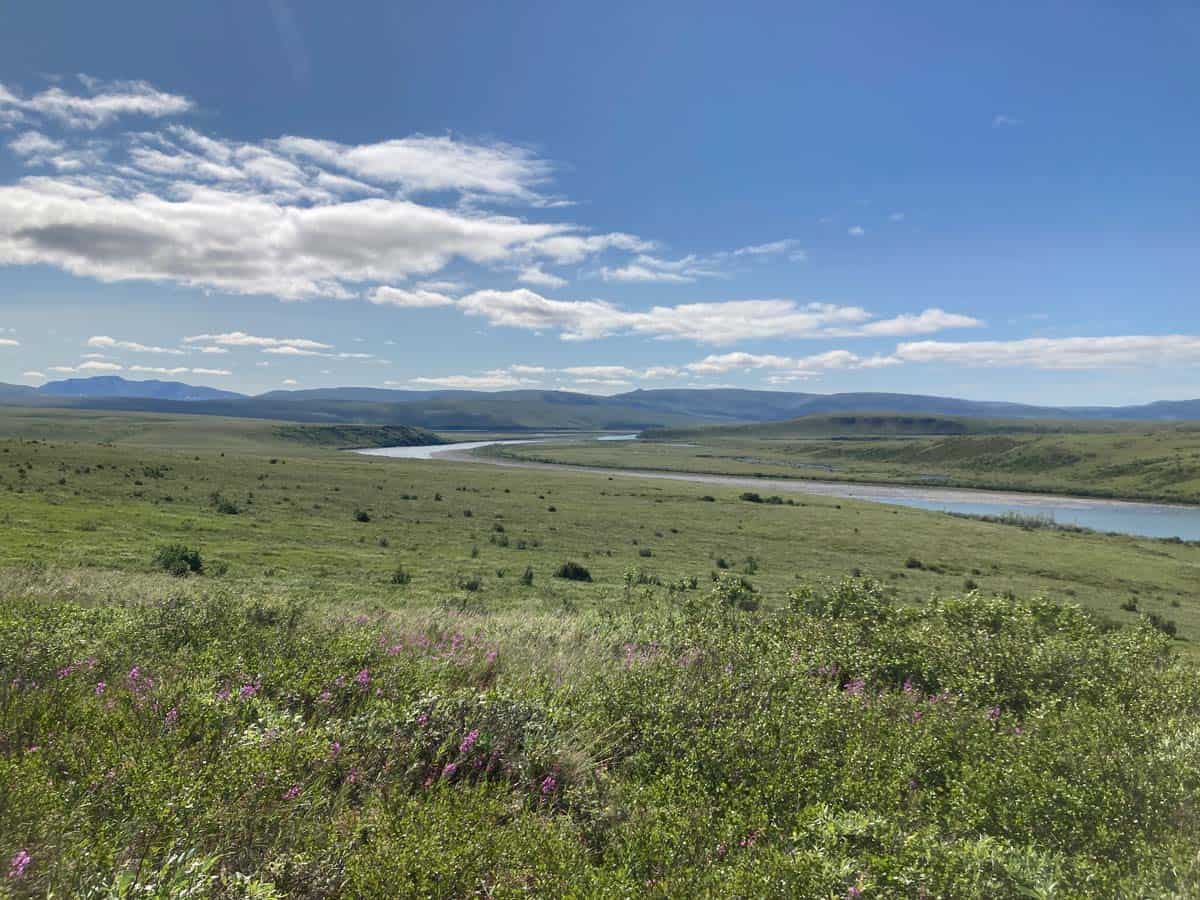 A landscape with low green hills covered in scrub and bushes in the foreground, a river, and blue sky.
