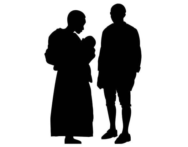 The silhouettes of three family members: man, woman, and baby.