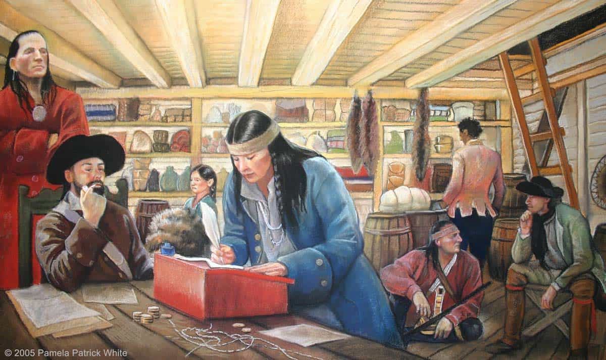 Illustration showing a Native American signing a document in front of a white man, in a room with shelves of goods and other people.