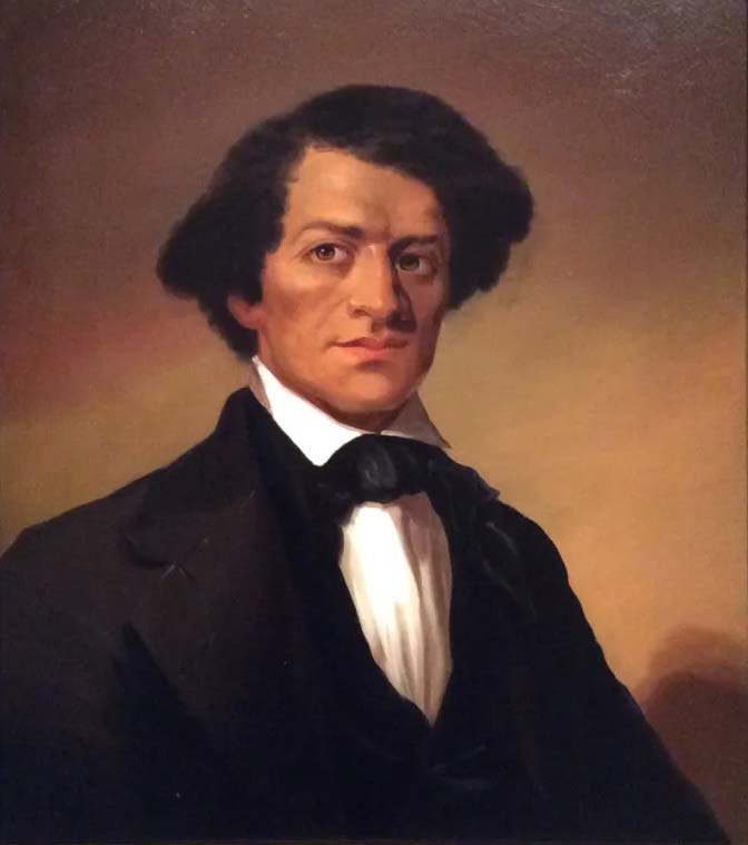 Oil painting of an African American man with bold features and medium-length black hair, in formal dress with a coat and tie.