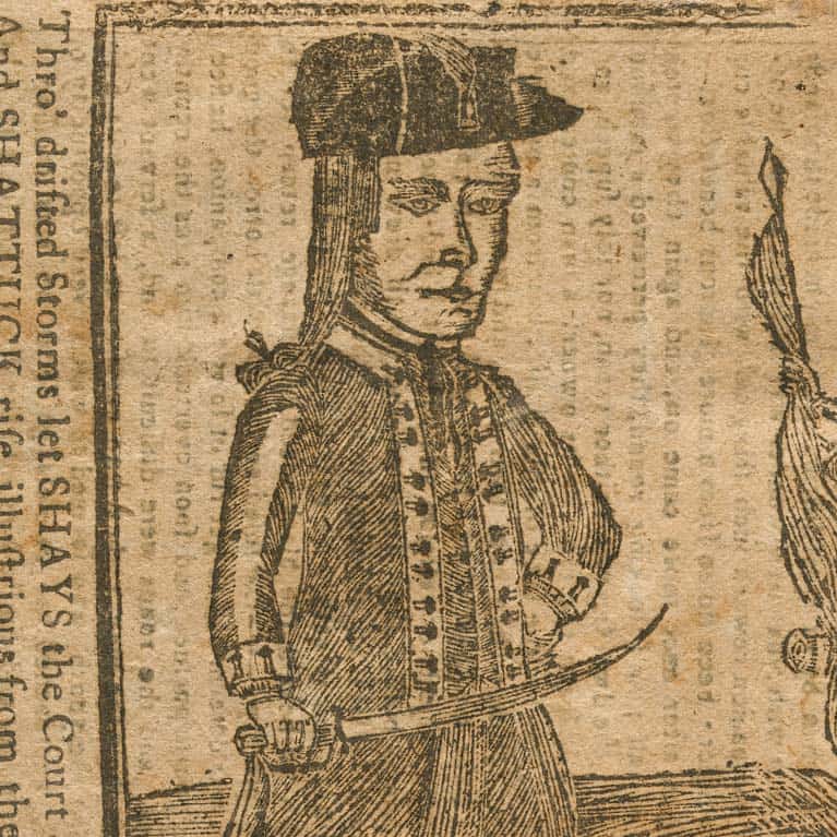Book illustration woodblock of a man in a many-buttoned coat and hat with a sword.