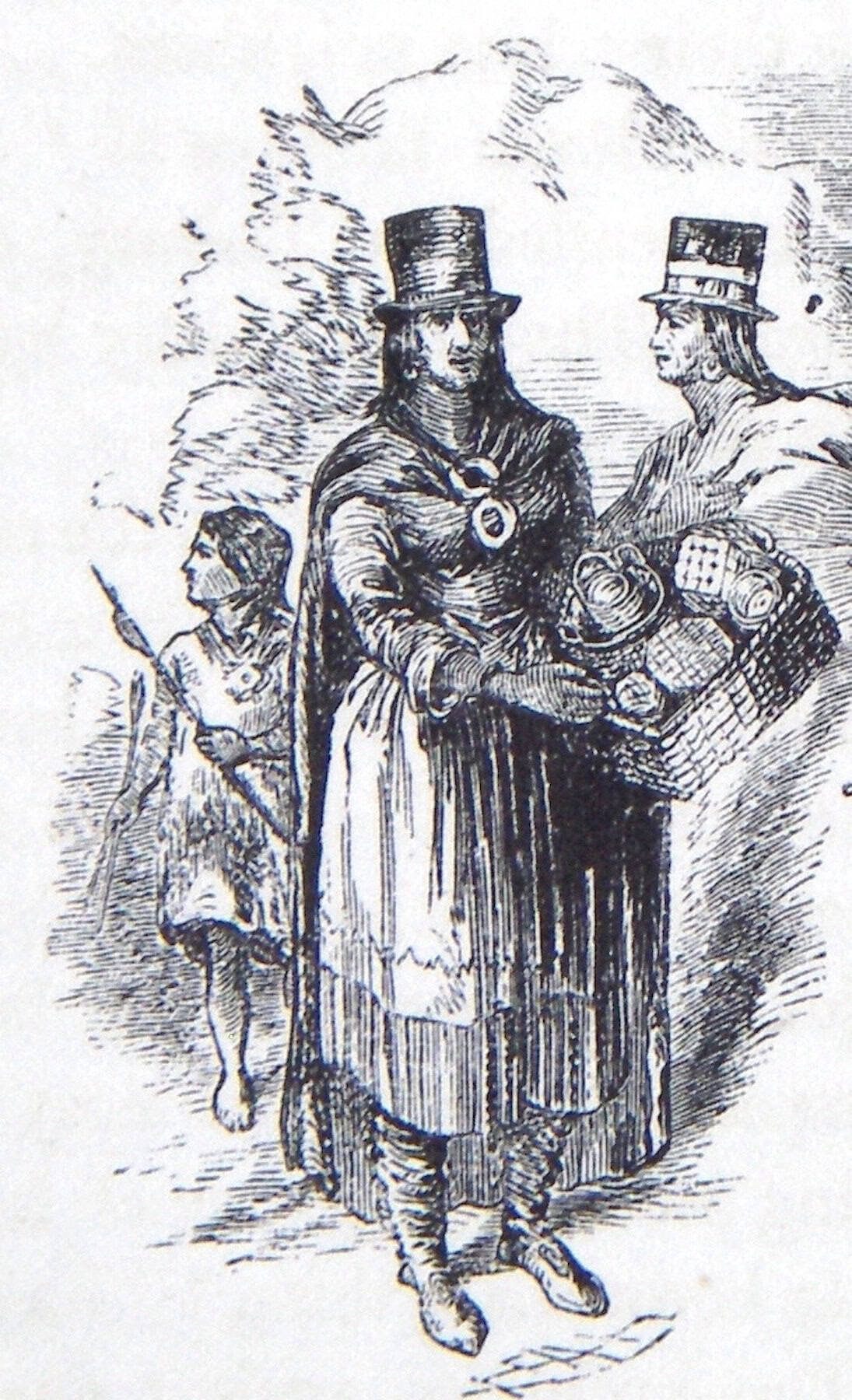 Illustration of Two Nipmuc women and a child peddling ash-splint baskets. The child stands behind the women with what appears to be a spear.