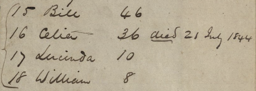 Photograph of section of slave ledger on yellowed paper. It lists:
15 Bill 46
16 Celia
36 died 21 July 1844
17 Lucinda 10
18 William 8
