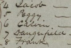 Photograph of a section of the Watson slave ledger. Transcription: "Line 4: Jacob — 31 Line 5: Peggy — 29 Line 6: Calvin — 6 - b 1 Sept 1842 Line 7: Dangerfield — 4 - b 11 Dec 1844 Line 8: Frank — 2/12 - b 11 Dec 1848."