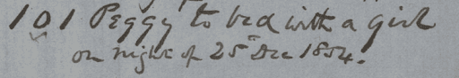 Photograph of a handwritten note. Transcription: "101 Peggy to bed with a girl on night of 25th Dec 1854."