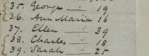 A section of Henry Watson's slave ledger that lists Ellen, who is placed as number 37, and noted as being 39 years old.