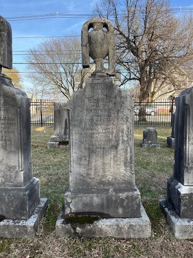Photograph of Sophia Watson's grave. A weathered gray stone gravestone topped with a carved sculpture stands in a cemetery next to other gravestones. The headstone shows signs of age with dark staining and moss near the base, while leafless trees, a black iron fence, and a clear blue sky form the background.