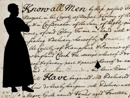 A silhouette of a woman imposed over an old document with handwritten script.