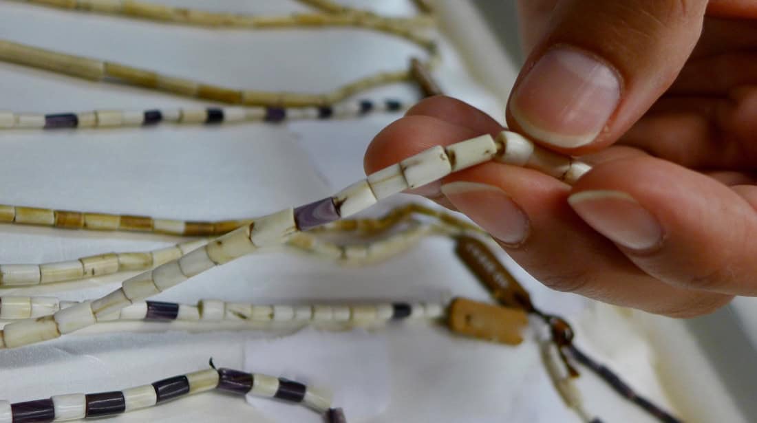 Close-up image of 17th century wampum beads.