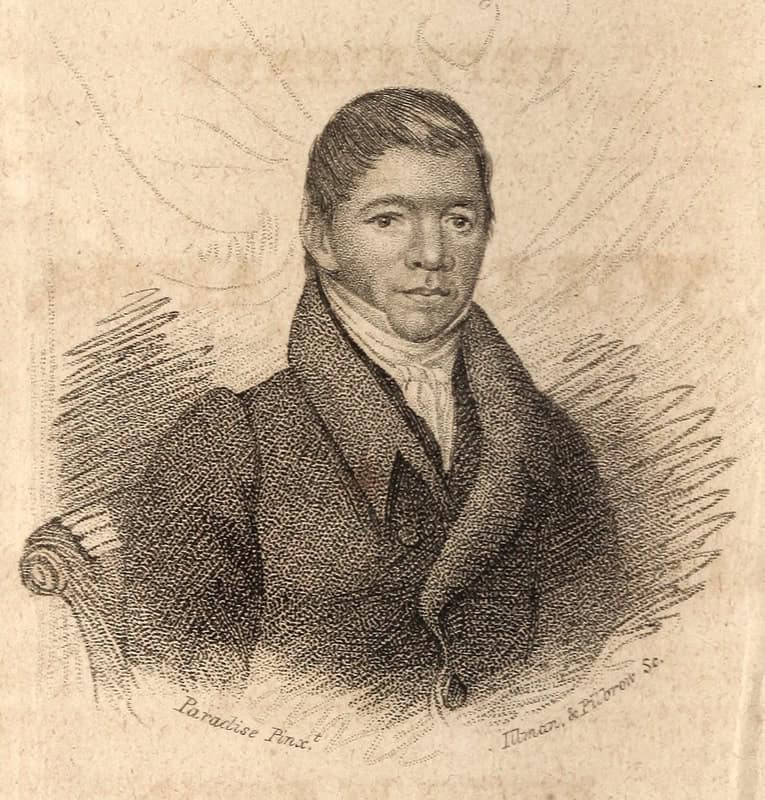 Drawing of William Apess, in cravat and heavy coat.
